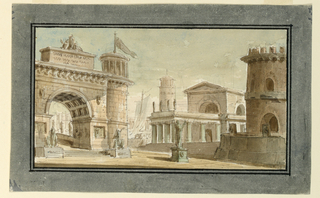 Drawing, Stage Design, Group of Buildings Near Port