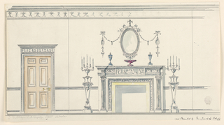 Drawing, Elevation of a wall with fireplace and door