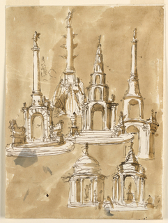 Drawing, Designs for Fountains; Verso: Blotter for a Black Crayon Drawing, Upper Part of a Design for a Pavilion Elevation