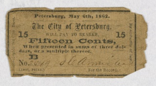 Bank Note, Fifteen Cents, The City of Petersburg