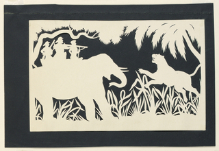Silhouette, Men Shooting a Tiger from an Elephant