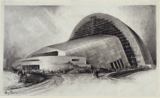 Drawing, Illustration of Construction of Aviation Building by William Lescaze and J. Gordon Carr Associates for the 1939 New York World's Fair