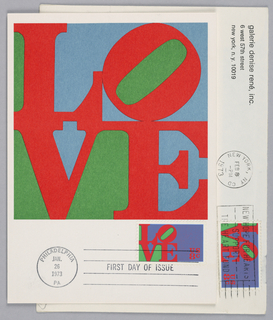 Greeting Card, LOVE, Envelope and postcard commemorating first day of issue of postage stamp designed by Robert Indiana