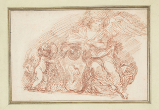 Drawing, Winged figure and putto supporting escutcheon