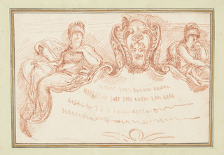 Drawing, Ceiling detail with two seated figures and escutcheon