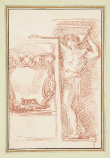 Drawing, Male figure supporting slab; wall detail