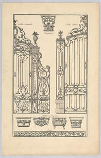 Print, Designs for Decorative Ironwork, Plate 88 from Divers dessins de balcons a plusieurs usages (Variety of Balcony Designs)