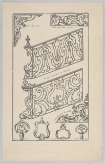 Print, Designs for Decorative Ironwork, Plate 96 from Divers dessins de balcons a plusieurs usages (Variety of Balcony Designs)