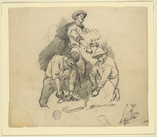 Drawing, Three Men at a Sheep Shearing
