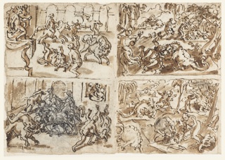 Drawing, Theagenes taming the Bull in Ethiopia [above left]; Theagenes taming the Bull in Ethiopia [below left];  Dragon Hunt in India [above right]; Dragon Hunt in India [below right].