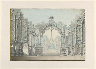 Drawing, Stage Design of a Garden Setting with Fountains and Arbors