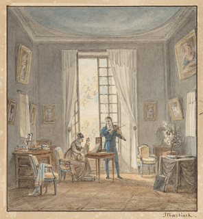 Drawing, Salon Interior with Gabriel d'Arjuzon Playing the Violin and Pascalie Hosten, Comtess d'Arjuzon, Playing Guitar