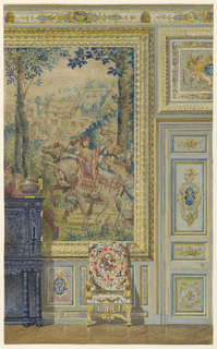 Drawing, Section of a wall showing portion of Flemish tapestry, Tapestry room, Palace of Fontainebleau, France