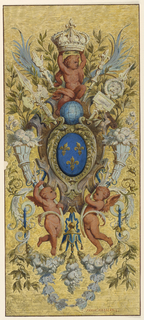 Drawing, Panel, escutcheon surrounded by cherubs and other motifs