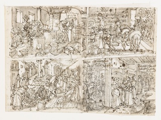 Drawing, Heating and Preparing Cocoons, Reeling Silk [above left]; Drying Mulberry Leaves [below left]; Arranging Mulberry Leaves on Shelves [above right]; Nurturing the Silkworms [below right].