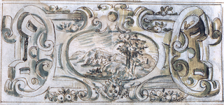 Drawing, Project: decoration with escutcheons, (A) of a square, (B) of a horizontally oblong panel