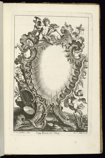 Bound Print, Cartouche with Putto Holding Trumpets