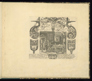 Print, Interior Scene with a Solicitor/ Lawyer surrounded by Names of Parisian Gunmakers