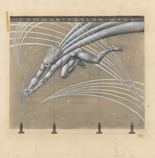 Drawing, Design for Sand-Blasted Glass Mural: Mercury Gathering Air Waves Amidst Planets and Stars