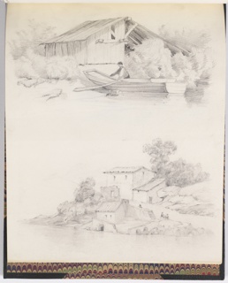 Drawing, Sketches of a Shed and House on the Shore