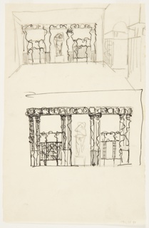 Drawing, Two Studies of Garden Wall Design with Columned Portico, Sculpture and Trellis