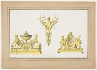 Drawing, Design for Two Andirons and Sconce of Gilt Bronze