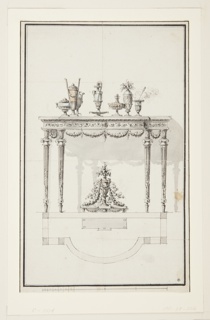 Drawing, Elevation and Plan for a Side Table with Covered Dishes, Urns and Cup