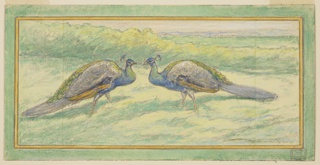 Drawing, Two Peacocks in a Landscape