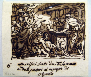 Drawing, Telemachus and the sheperds sacrifice in the temple of Apollo