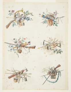 Drawing, Designs for Six Trophies Composed of Hunting Attributes