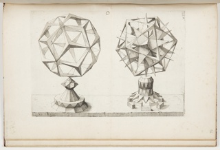 Print, Plate O, F.IIII, Rhombentrikontaeder und Ikosaeder (Rhombic Triacontrahedron and Icosahedron), Perspectiva Corporum Regularium (Perspective of the Regular Bodies)