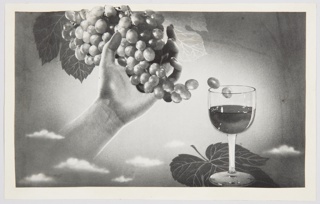 Print, Design Featuring Hand Grasping Grapes and Glass of Wine