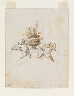 Drawing, Study for a Painted Wall Decoration:  Two Putti beside a Vase with Flowers