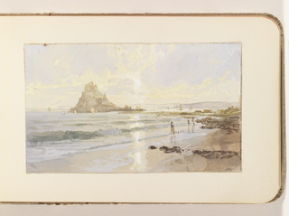 Album Page, Beach View of Rocky Promontory, Boats, and Ruins