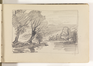 Sketchbook Folio, River with Large Trees and Possibly the Moon
