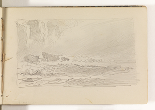 Sketchbook Folio, Waves Breaking on Rocks with Cliffs and Possible Fog