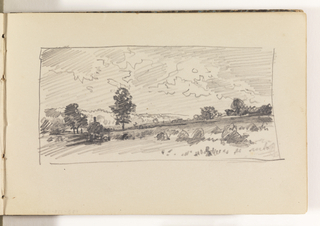 Sketchbook Folio, Countryside with Haystacks, House and Trees
