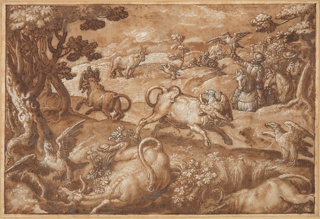 Drawing, Men Hunting Bulls with Eagles