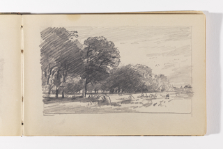 Sketchbook Folio, Landscape with Large, Dark Trees and Haystacks, probably Newport