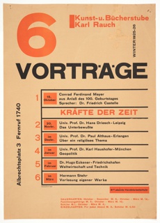 Poster, Kunst- u. Bücherstube Karl Rauch: 6 Vorträge (Art and Book Shop Karl Rauch: 6 Lectures)