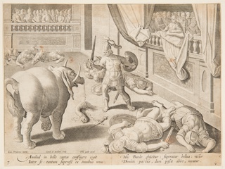 Print, A Roman Soldier Fighting one of Hannibal's Elephants, pl. 7 in the Venationes Ferarum, Avium, Piscium series