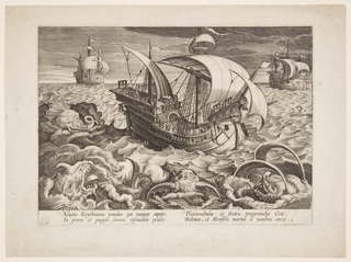 Print, Three ships surrounded by monsters