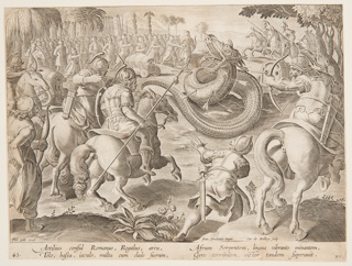 Print, The Roman Consul Attilius Regulus Fighting a Giant African Serpent, plate 25 in the Venationes Ferarum series