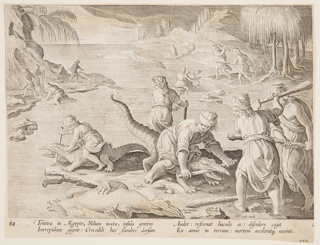 Print, Crocodile Hunt in Tentyra, in Egypt, plate 30 from the Venationes Ferarum, Avium, Piscium series