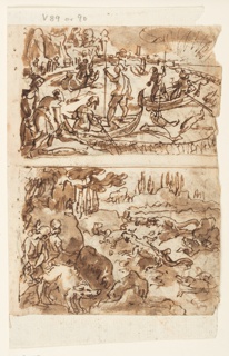Drawing, Fishing for Tuna [above]; Crocodile Hunt with Pigs as Bait [below]