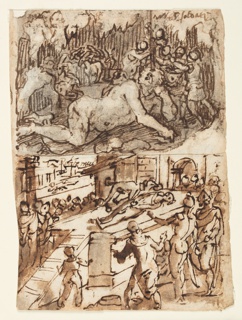 Drawing, Blinding of the Cyclops Polyphemus [above]; The Fidelity of a Roman Dog [below]