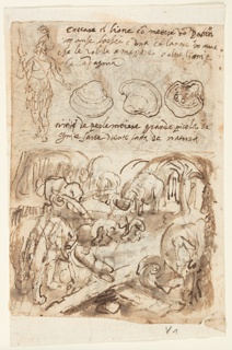 Drawing, Standing figure,Oyster Shells [above]; Elephants Helping Each Other Out of a Trap [below]