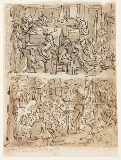 Drawing, The Birth and Naming of John the Baptist [above]; John the Baptist Preaching in the Wilderness [below]