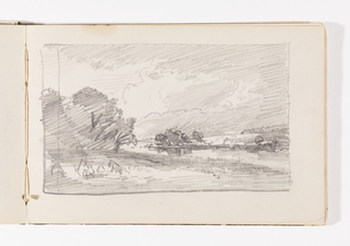 Sketchbook Folio, Landscape with Trees, Stream, and Possible Haystacks