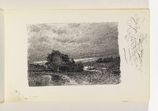 Sketchbook Folio, Night Landscape with Stream and Moon in Cloudy Sky